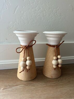 Neutral Wood and White Ceramic Candle Holders with Bead Accent
